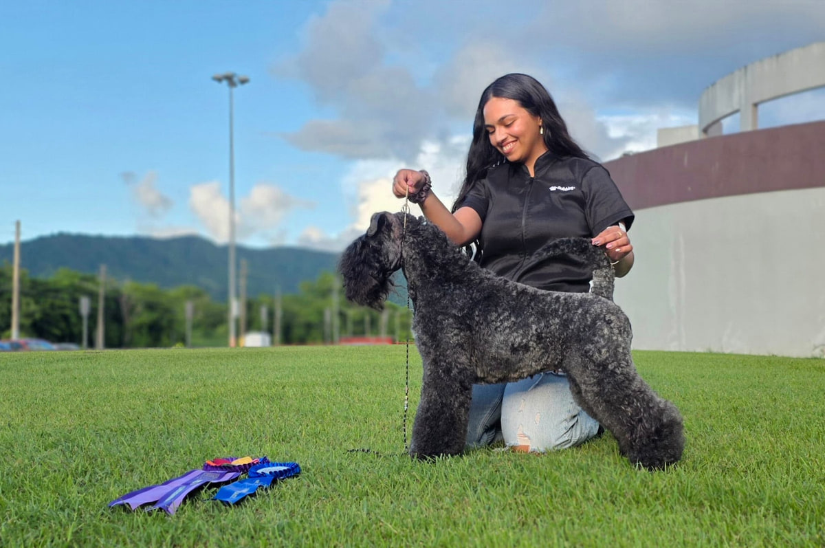 Adaia con un kerry blue terrier y sus cintas de exposición