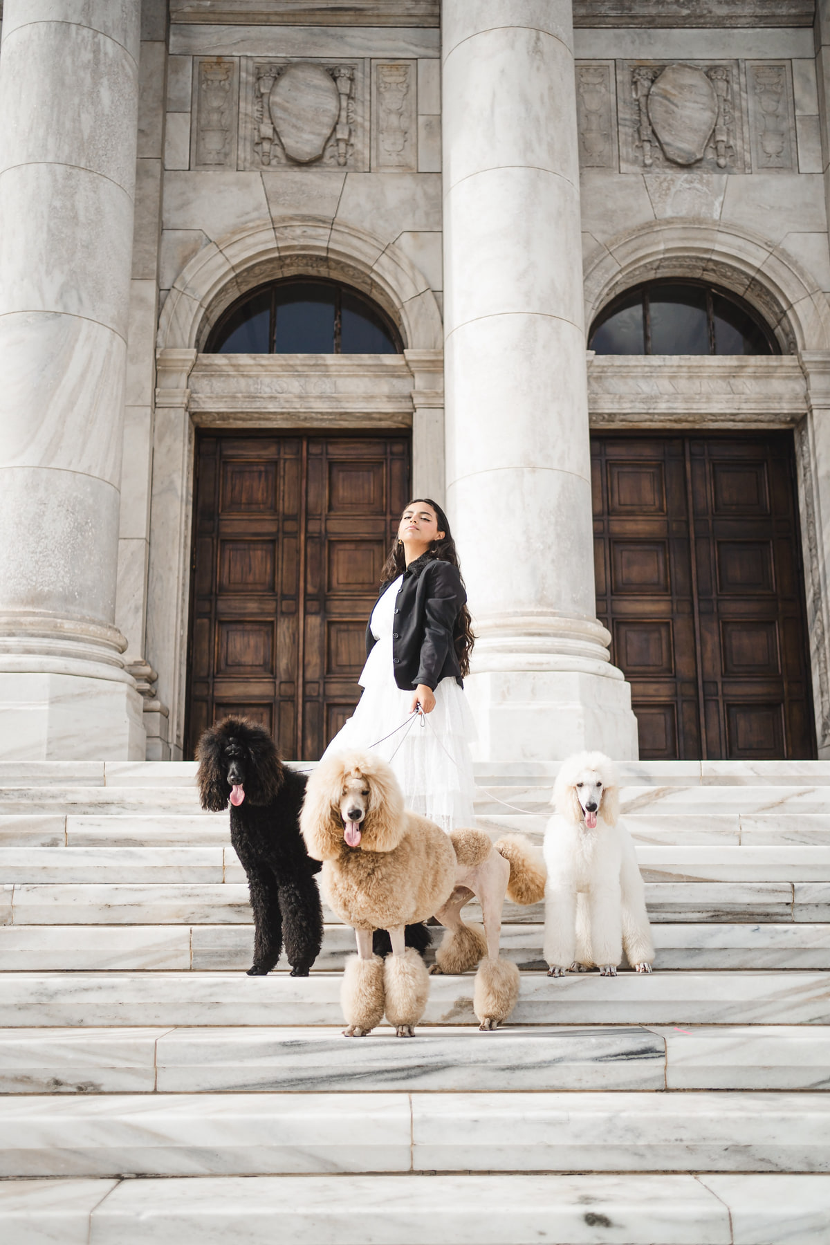 Adaia, con vestido blanco y chaqueta negra, de pie en una escalinata de mármol con tres caniches: uno negro, uno color arena y uno blanco